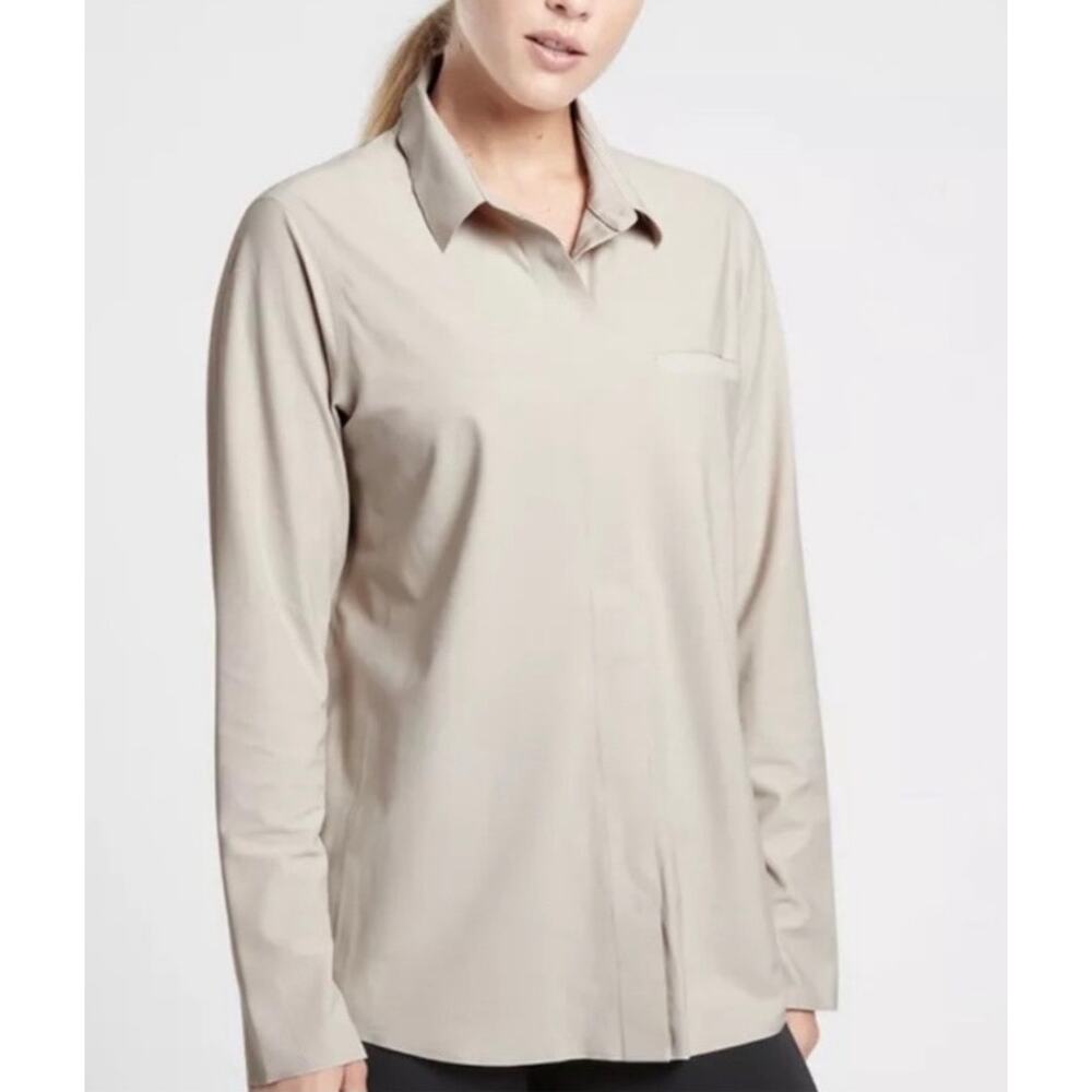 Athleta Urbanite Stretch Button Down Long Sleeve Top Gray Size 1X